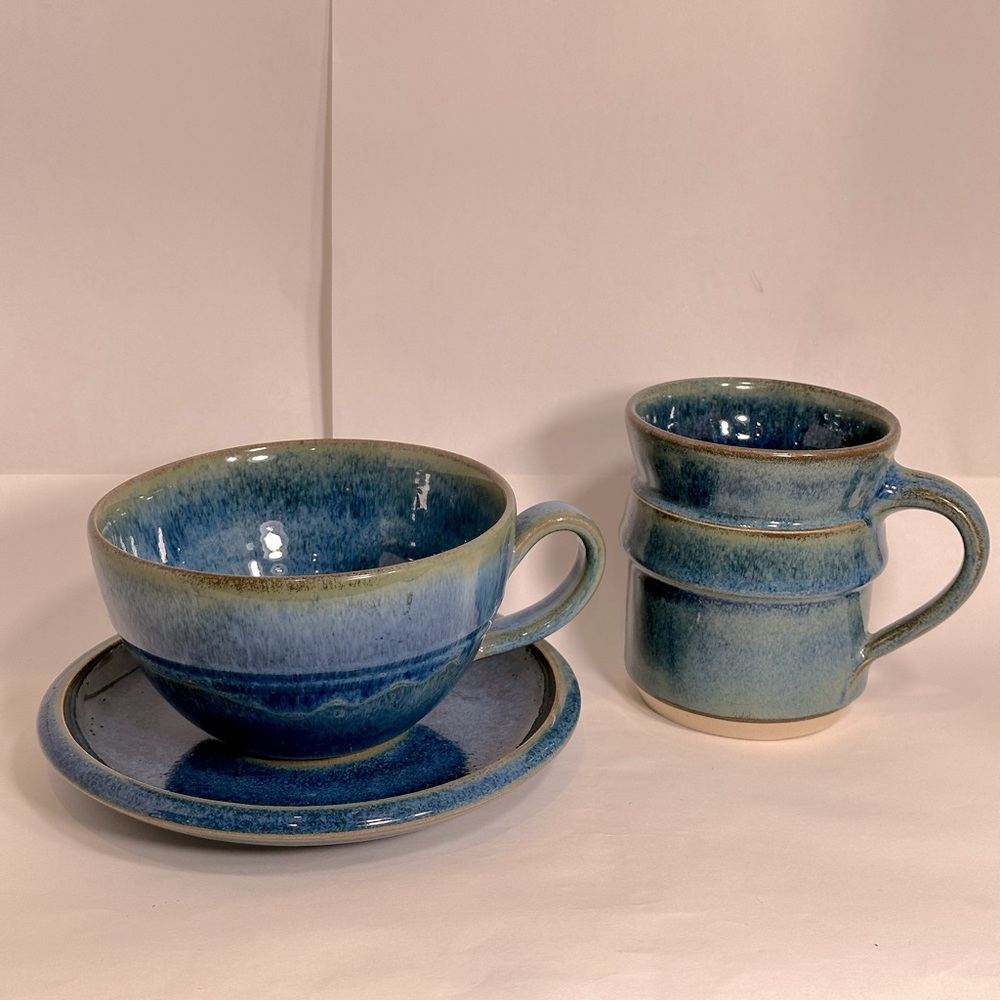 BUCARA POTTERY IRELAND Cups & Saucer Unique SET WITH Hole In Middle Of Saucer
